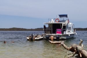 Anchored near shore in Myall lakes getaway holiday